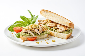 Poster - Close-up of a Chicken Sandwich with Pesto, Cheese, and Tomatoes on a White Plate