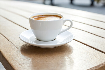 Wall Mural - Cup of Coffee on a Wooden Table