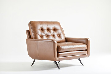 Sticker - Brown Leather Armchair with Button Tufting on White Background