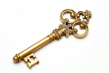 Ornate golden key isolated on white background