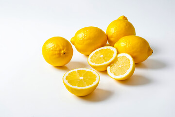 Sticker - Fresh Lemons and Lemon Halves on White Background