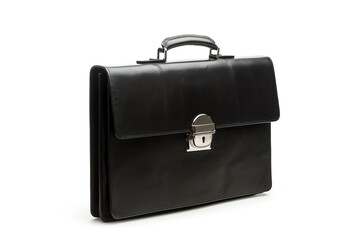 Classic black leather briefcase isolated on white background.