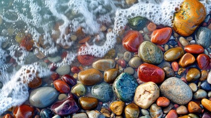 Wall Mural - Pebbles of colored granite scattered along the shore against a backdrop of stones on the beach being caressed by the sea waves