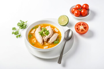 Wall Mural - Bowl of chicken soup with fresh cilantro and tomatoes