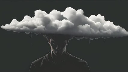Wall Mural - A portrait of a person with a dark cloud above their head, constantly following and weighing them down. minimal 2d animation Psychology art concept.