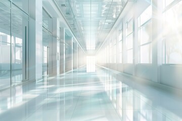 Wall Mural - A white blurred background of an empty hospital corridor with glass walls and light from the windows. An abstract vector illustration
