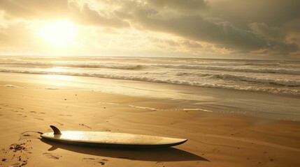 Wall Mural - A peaceful beach scene with a lone surfboard resting on the golden sand