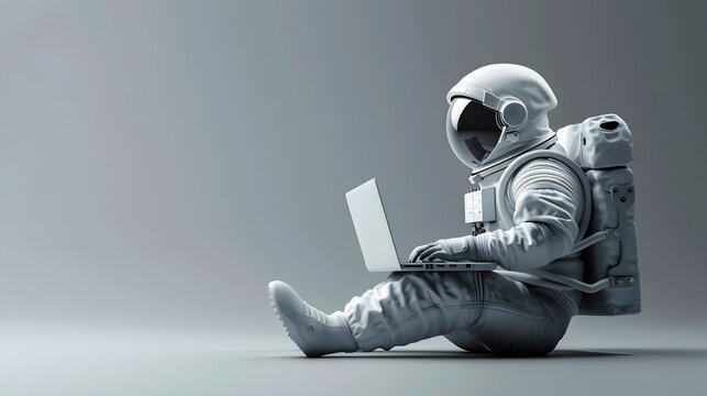 3D Render Astronaut in spacesuit working on laptop Pen Tool Created Clipping Path Included in JPEG Easy to Composite.
