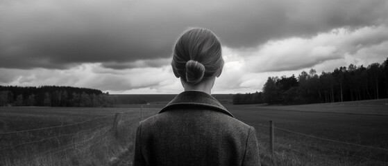 Wall Mural - B&W scene from an intense drama. Woman contemplates her future while overlooking the countryside. In the style of a murder mystery and thriller set in a Scandinavian country.