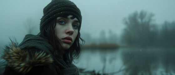 Canvas Print - movie still from an intense drama. Portrait of a young woman in a misty foreboding landscape. Cool tones and subdued light. 