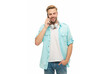 © be free - Modern communication. Man speak on phone isolated on white. Millennial man has phone call. Man talk on cellphone. Phone call. Mobile connection. Guy with headphones. Student lifestyle