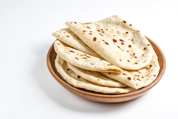 Poster - Closeup of Freshly Baked Naan Bread in Wooden Bowl