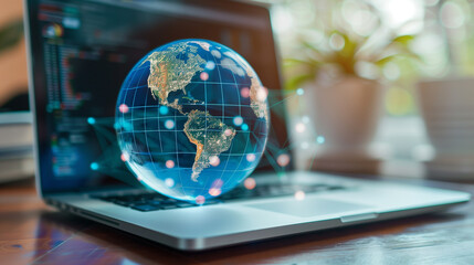 Canvas Print - a global data networking internet globe over a laptop global digital technology worldwide business networks online data 