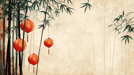 Earthy tones and cultural elements in a bamboo background with lanterns, shown in flat design.