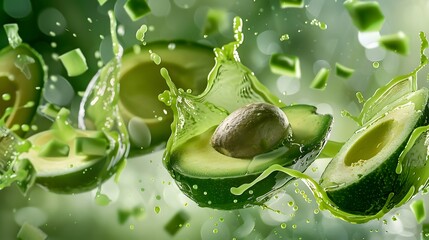 Canvas Print - Sliced avocado with splashes of juice close-up on a green background. 