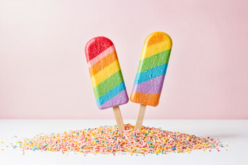 Wall Mural - Rainbow Ice Cream Popsicles on a Bed of Colorful Sprinkles