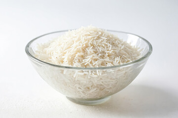 Close Up Of White Rice In A Glass Bowl On A White Surface
