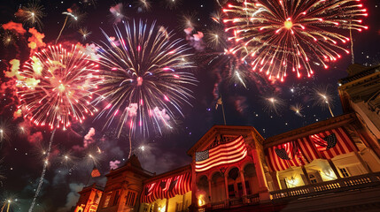 A dramatic shot of fireworks exploding over a historic building decorated with American flags, celebrating Independence Day