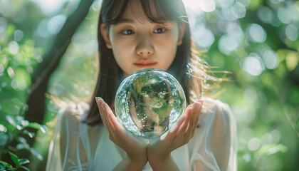 Sticker - Girl holds crystal earth, symbolizing environment-friendly actions to save the world from pollution and climate change. Suitable for environmental activism and earth day campaigns.