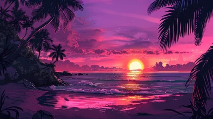 Wall Mural - aesthetic illustration of a beautiful sunset in a tropical beach ideal for backgrounds