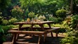 © SHAPTOS - A foldable wooden picnic table set up in a lush green garden, ideal for outdoor gatherings
