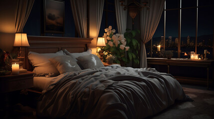 Wall Mural - A luxurious bedroom with a king-sized bed, fluffy duvet, and elegant bedside lamps