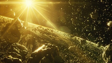 Wall Mural - An asteroid belt, its inhabitants huddled close together for warmth against the chill of interplanetary space, reflects the warm glow of their nearby star