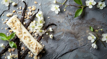Wall Mural - Close up of vanilla pods flowers and glazed curd cheese bars on a grey table with room for text