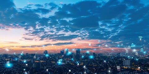 A city skyline at dusk, connected by glowing lines of data and icons representing digital networks, symbolizing the global reach of internet technology.