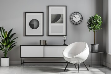 Wall Mural - modern interior design, accent chair in the shape of an egg white color with black accents hanging over grey wall and minimalistic furniture,