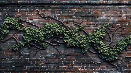 Wall Mural - Brick wall adorned with ivy creating intricate design