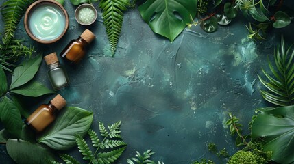 A flat lay of green leaves, three bottles of essential oils, and a small bowl of salt on a teal-colored background.