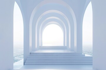 Wall Mural - A long white hallway with a large archway leading to the ocean