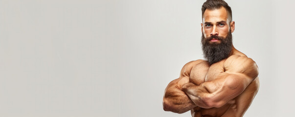 Wall Mural - A man with a beard and a muscular body is posing for a picture. He is wearing a shirt and has his arms crossed. Concept of confidence and strength