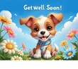 © Marina - Cute kawaii  puppy with flowers, wishing 'Get well soon' . Emotional support to sick person.  Concept of health and friendship