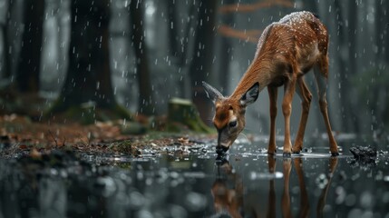 A deer is drinking water in a forest