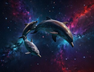 Two dolphins are swimming in a cosmic ocean filled with stars. The background is a mix of red, blue, and purple colors. The dolphins have a smooth skin and are positioned in the center of the ... See 