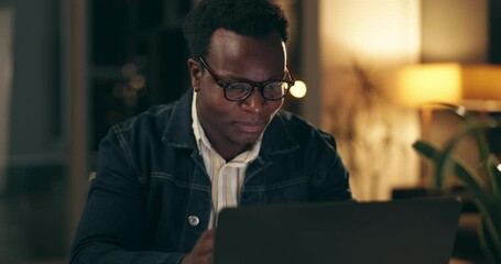 Poster - Deadline, laptop and night with business black man in office for problem solving or review. Computer, doubt and frustration with confused design employee in creative workplace for evening overtime