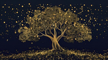 Wall Mural - Golden tree illustration on dark background. Mystical forest.