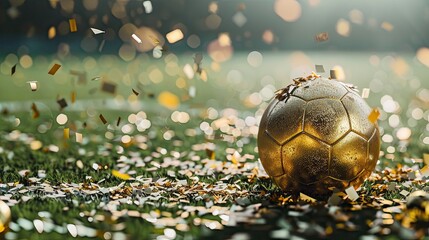 Close-up of a gold football on a stadium pitch covered in confetti on grass. Celebration of a goal scored. Football Europe Championship banner concept including copy space in Germany.
