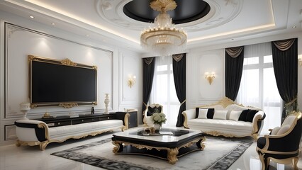 Wall Mural - Royal luxury living room interior design with TV, black and white colors interior design, luxurious living room home decor design of a king palace, photo realistic background