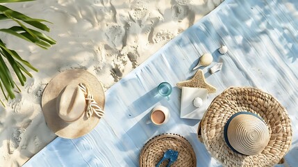 beach day essentials a straw hat, blue bottle, and star on a white and blue table