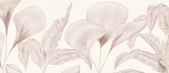 Wall Mural - botanical art background with hand drawn tropical plant leaves in line style. vector banner for deco