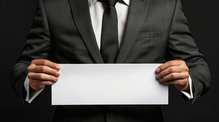 A man in a suit holding a blank piece of paper. Concept of professionalism and formality, as the man is dressed in a suit and tie