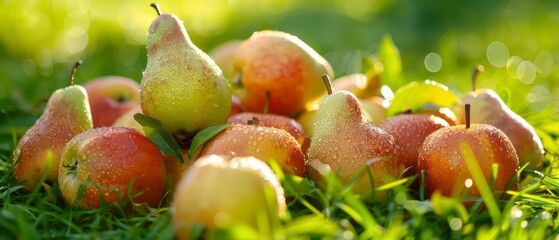 Wall Mural - Fresh fruit sparkles with dew on vibrant grass, nature's morning beauty captured in dewdrops and sunlight.