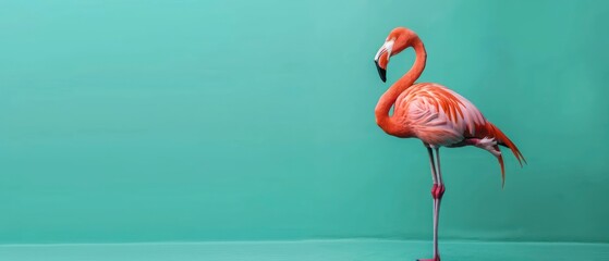 Wall Mural - A pink flamingo with an elegant neck and striking beak, standing in water, showcasing its beauty and grace in a tropical wildlife setting