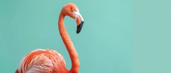 A pink flamingo with an elegant neck and striking beak, standing in water, showcasing its beauty and grace in a tropical wildlife setting