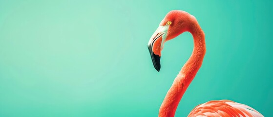 Wall Mural - A pink flamingo with an elegant neck and striking beak, standing in water, showcasing its beauty and grace in a tropical wildlife setting