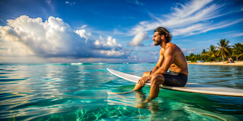 Wall Mural - Man sitting on surfboard in clear ocean water