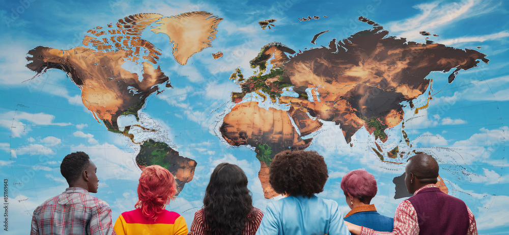 Multicultural World Map Celebrating Global Unity: Diverse Multicultural Group Embracing in ...